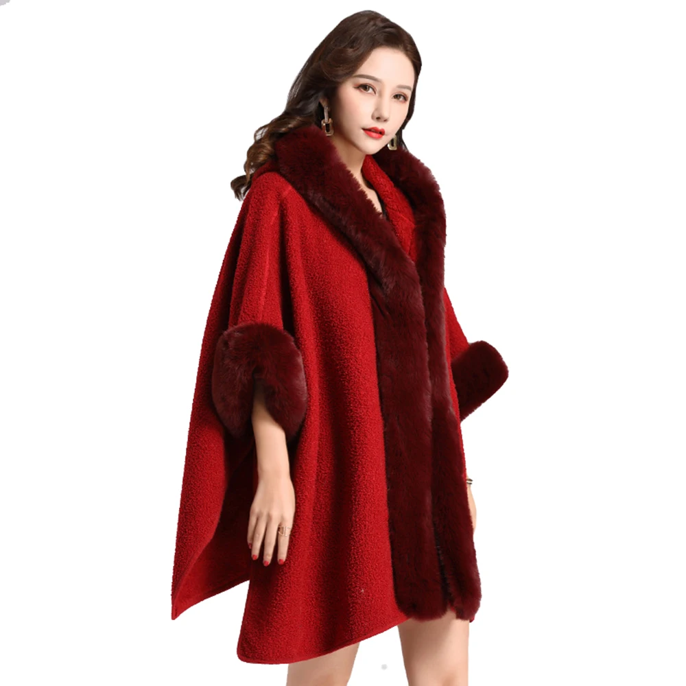 

Faux Fur Coats Women Loose Long Coat Hooded Jacket Thick Warm Winter Fur Poncho Oversize Cape Coat Batwing Sleeve Cloak Shawl