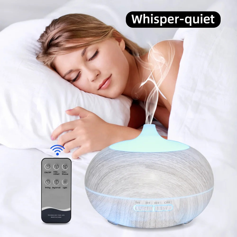[Upgrade Your Space] 7-Color LED Lights Ultrasonic Humdifier 550ml Wood Grain Diffuser Kit: 6 Essential Oils + Remote Control