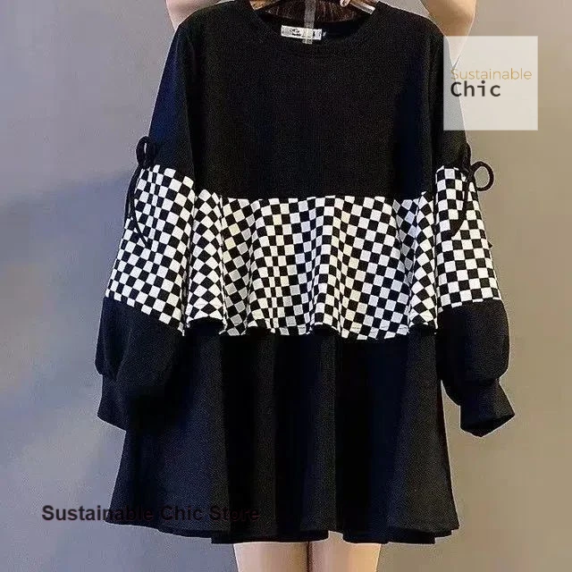 

French style black and white plaid plus size women's autumn and winter new fake two-piece temperament western-style long sweater