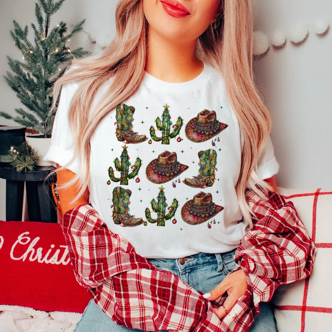 

Merry Christmas Fashionable Women's Printed Sweet Trendy Clothing Short Sleeves Retro New Year Happy Printed Pattern Cute Top T-