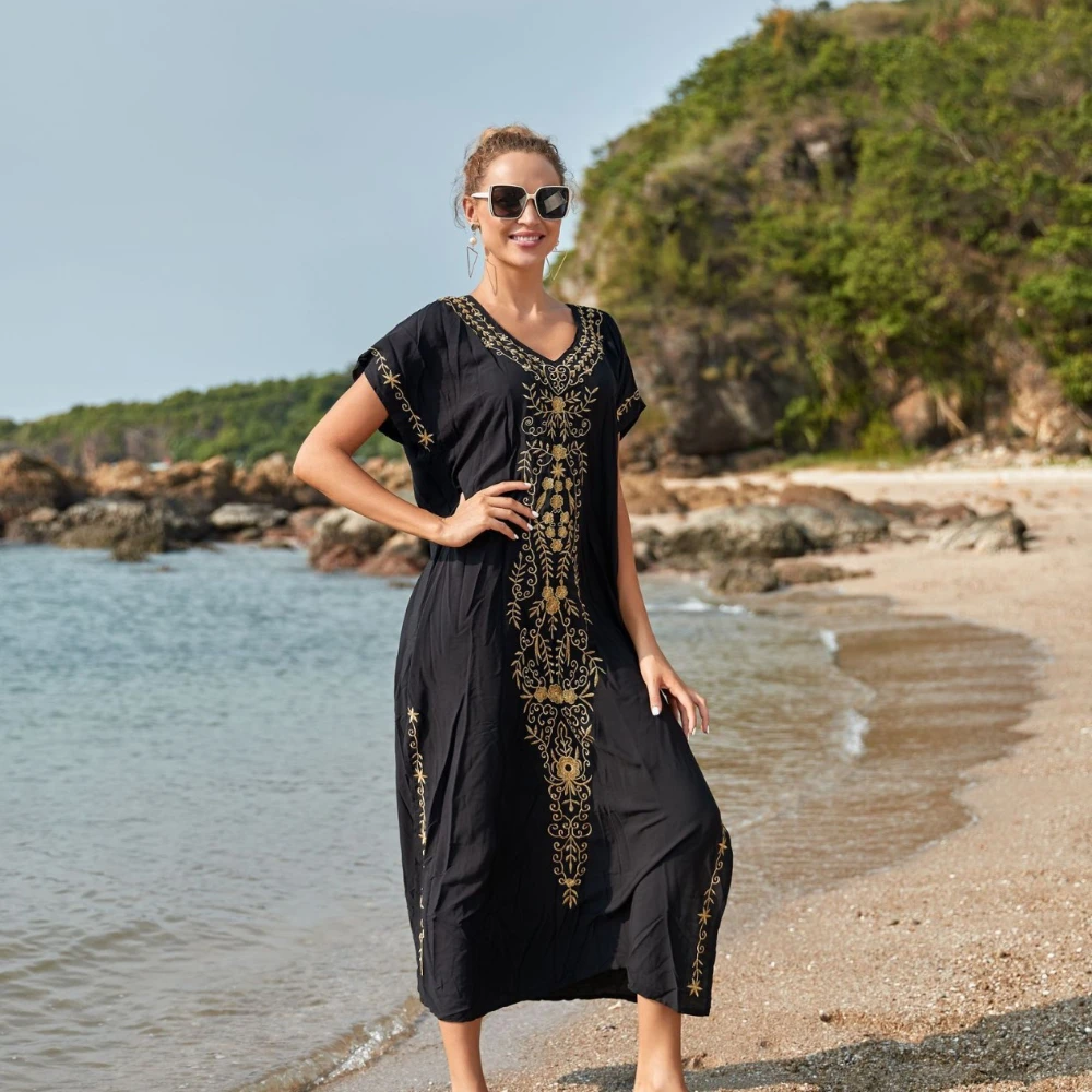 

Women's beach dress beach cover-up seaside vacation beach outfit embroidered long robe sun protection short sleeve long dress