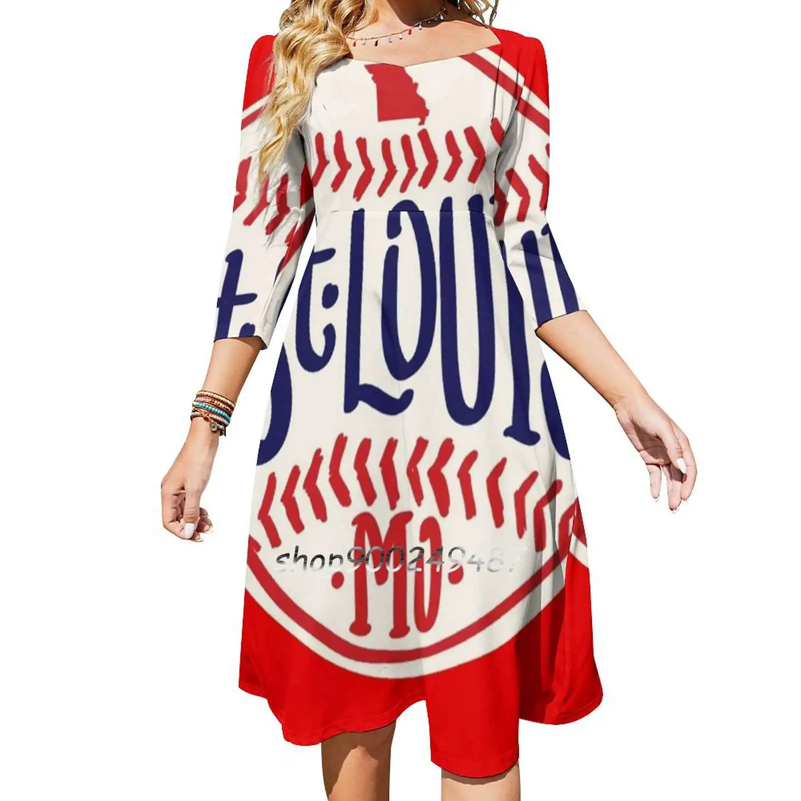 Missouri Hand Drawn Script Baseball Design Sweet Elegant Dress Women Korean Kawaii Square Collar Dress Saint Louis Missouri