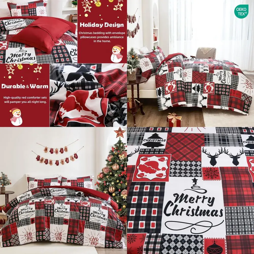 

King Size Christmas Reindeer Plaid Duvet Cover Set - 3-Piece Rustic Holiday Bedding with Zipper for Fall & Winter