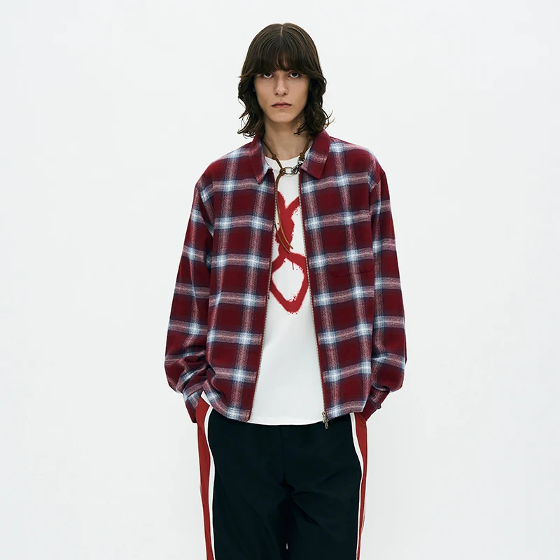 

Свободная куртка на молнии PARTIMENTO 2025: Модное молодежное хлопковое пальто с длинными рукавами и клетчатым узором для осени