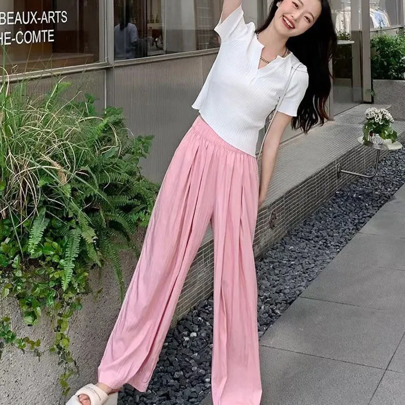 

DongCMY милые ленивые горные брюки, тонкие, с высокой талией, висячие, свободные, прямые, широкие брюки из ледяного шелка, женский шарф