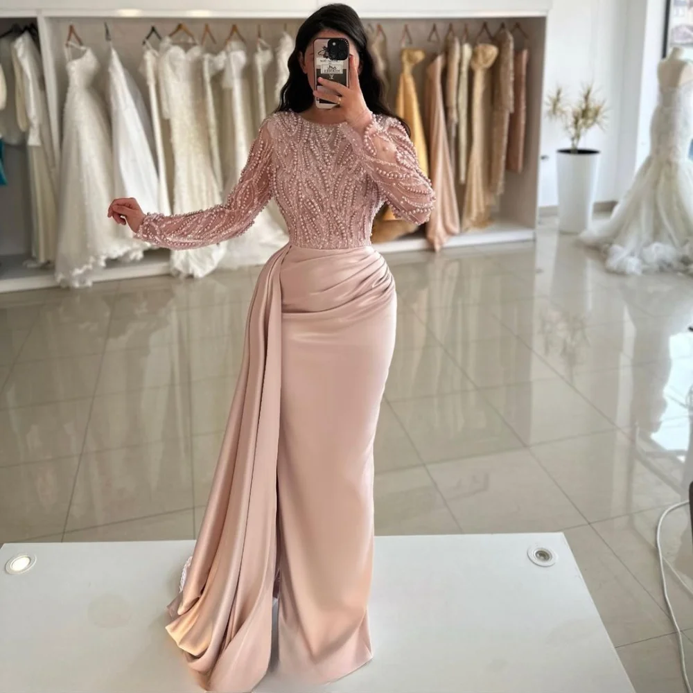 Elegant Pink Mermaid Prom Dresses With Pearls Long Sleeves Formal Occasion Dresses Wedding Guests Dresses