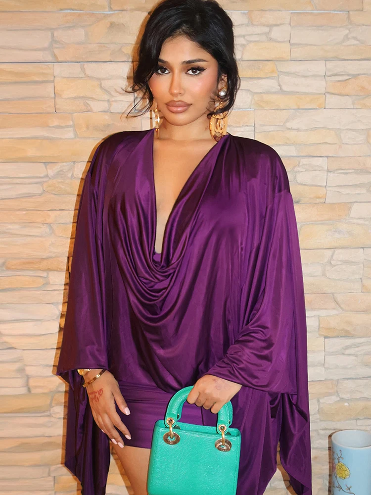 Leosoxs Deep V-Neck Elegant Dress Women Satin Classic Swing Long Sleeve Simple Midnight Clubwear Midnight Skinny Slim Bodycon