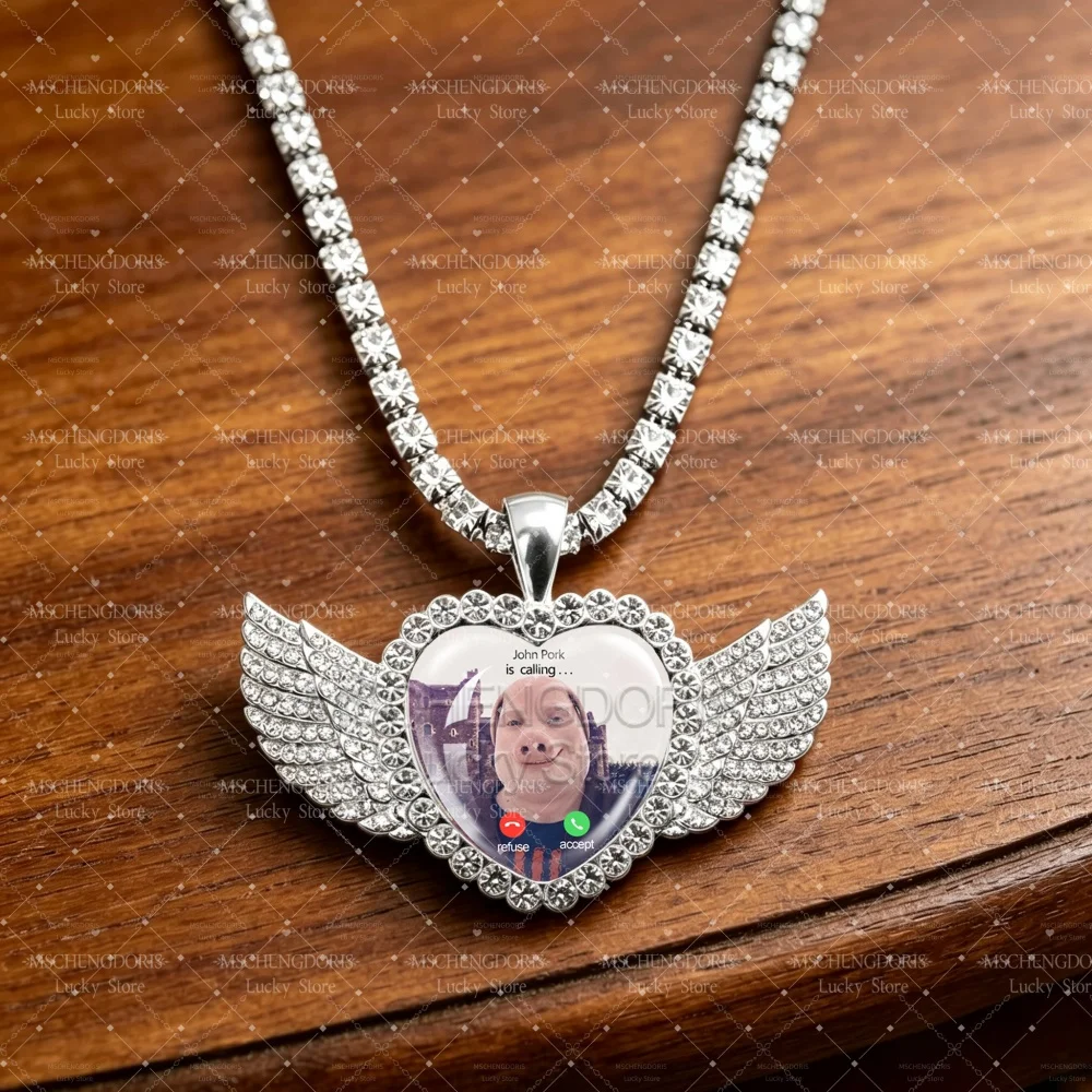 Sybau Meme John Pork Is Calling Answer Call Phone Necklace  Funny Angel Wings Peach Heart Pendant Necklace Charm Jewelry Gift