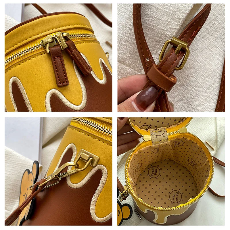 Disney Bucket Bags For Women Cute Cartoon Winnie the Pooh Honeypot PU Female Round Box Bag Crossbody Shoulder Bucket Makeup Bag