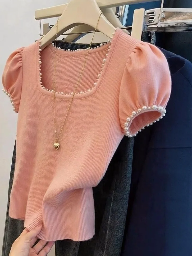 

Summer 2026 Women's Slim Fit Knitwear Pearl Bubble Sleeve Square Collar Short Sleeve Top Gentle Style Polyester Fiber Anti-Ball