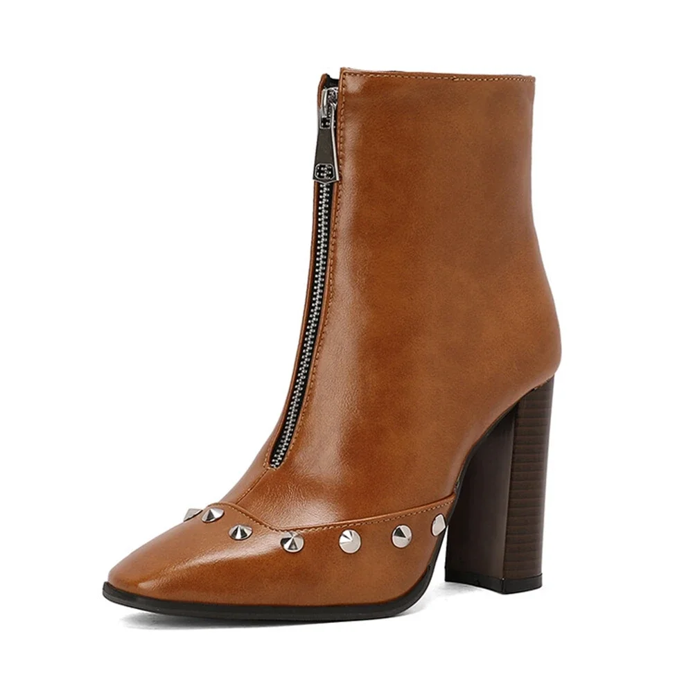 Women Square Toe Ankle Boots Stud Decor Front Zipper Chunky High Heel Short Boots Plus Size 34‑50 74-6