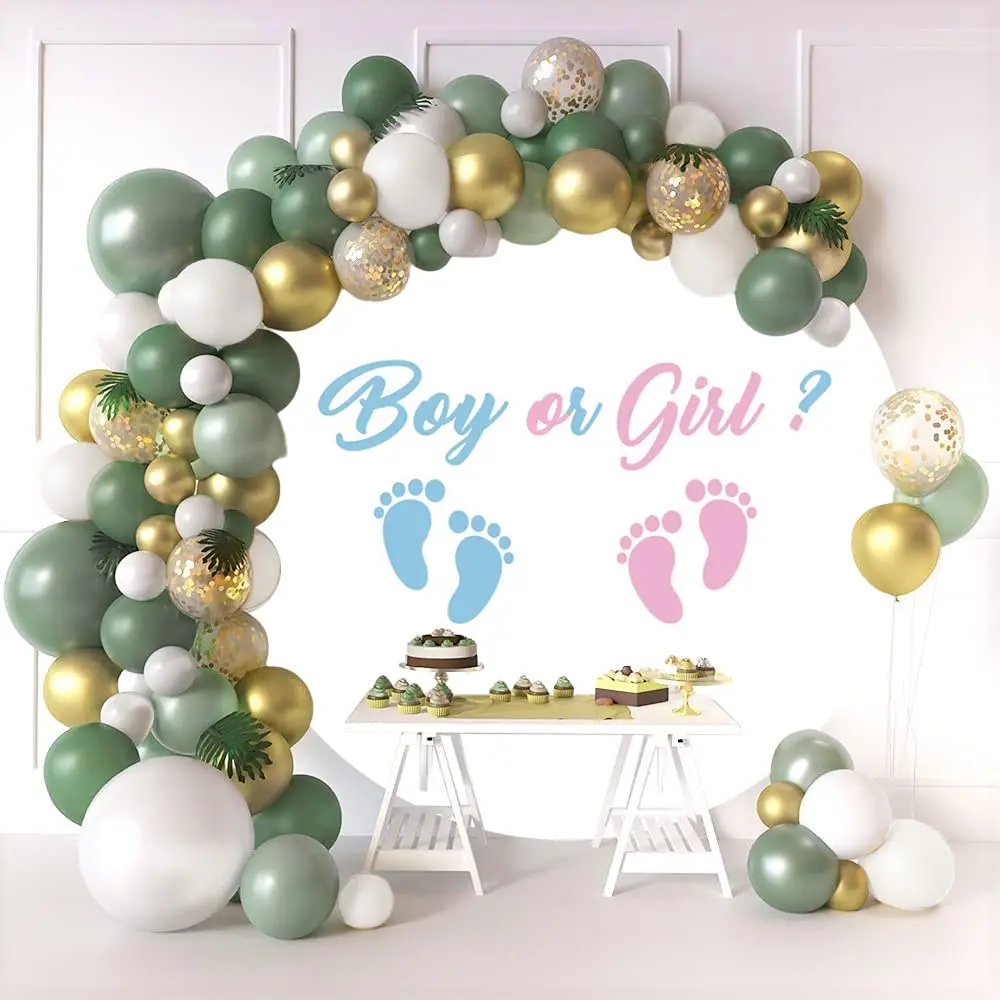 Boy or Girl Gender Reveal Round Backdrop Cover Little Feet Balloons Newborn Baby Shower Reveal Party Photography Background