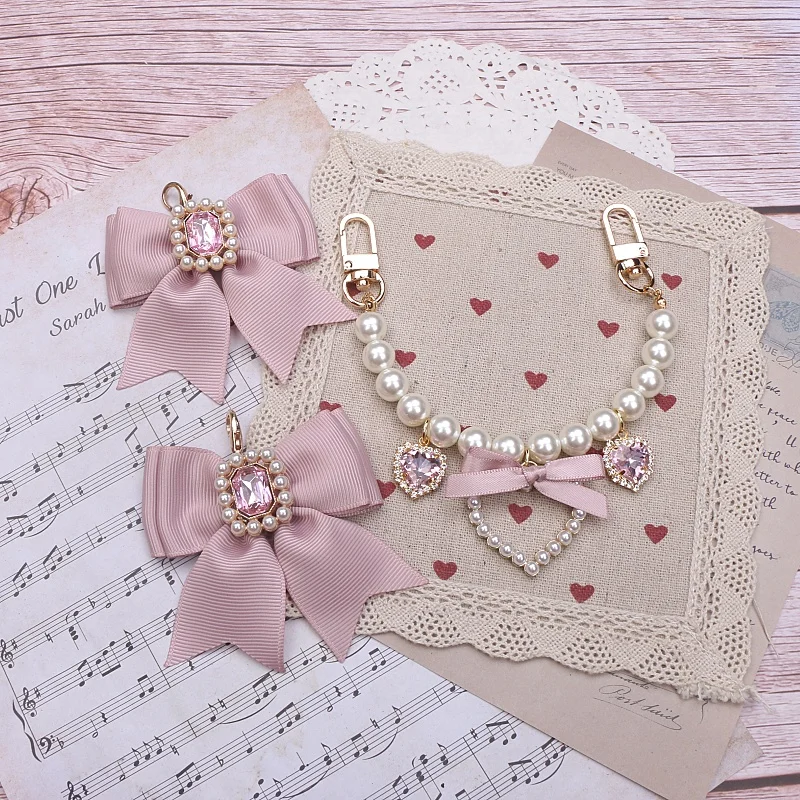 Handmade Japanese Sweet Lady Beaded Pearl Bow Rhinestone Love Pendant Bag Accessories Girls Fashion Bag Charms