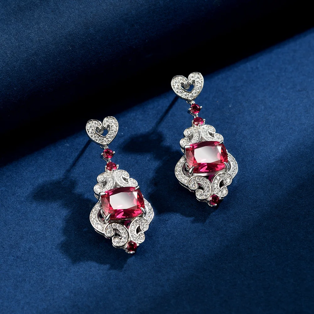 

New S925 Silver Cultivated Ruby 8 * 10 Fat Square 3.5carat Luxury Full Diamond Earrings Wedding Jewelry
