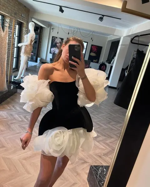 Fabulous 3D Flower Short Dress with Detachable Sleeves Extra Puffy Ruffled Floral Black Velvet Prom Party Dresses Birthday Gown