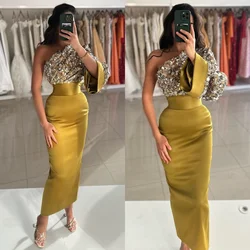 Customized  Satin Sequined Ruched Celebrity A-line One-shoulder Bespoke Occasion Gown Midi Dresses