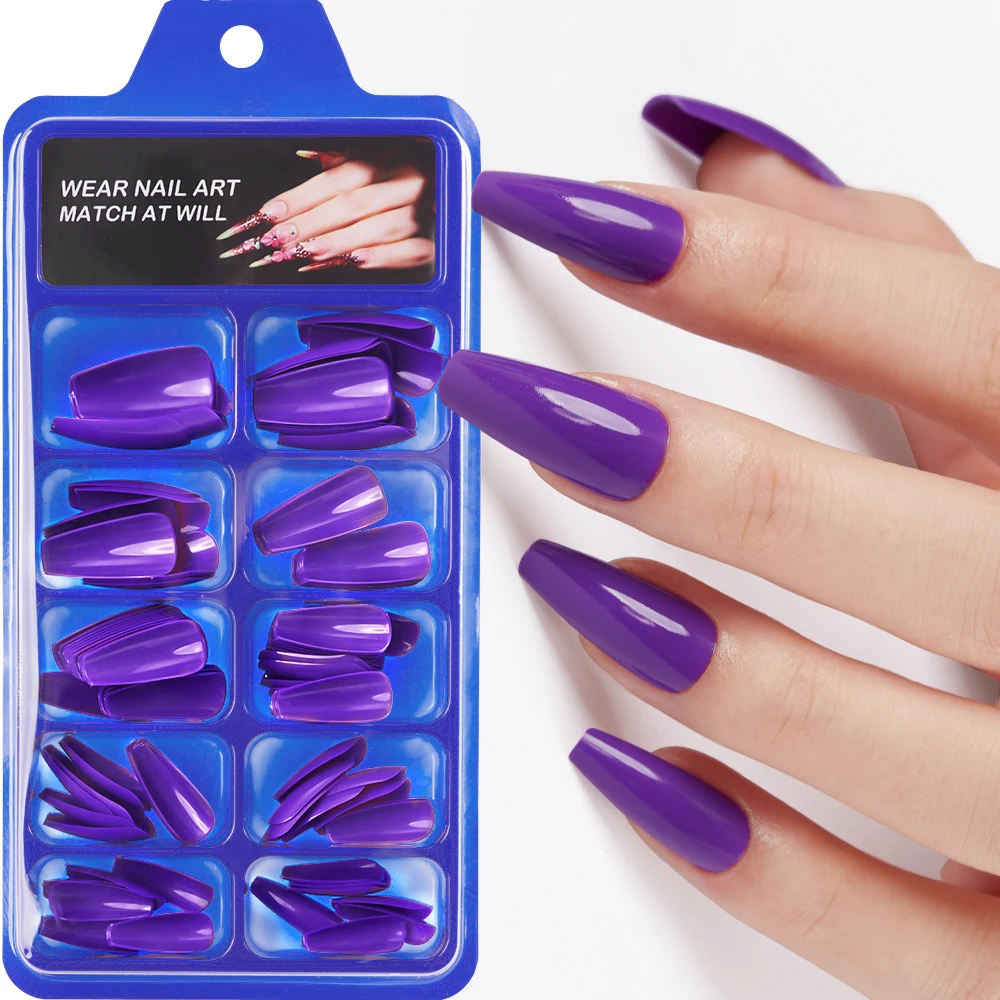 100Pcs Press On Nails Long Coffin Full Cover False Nails Red/Purple/Pink Acrylic Nail Tips Wearable Nail Extension Manicure Tool