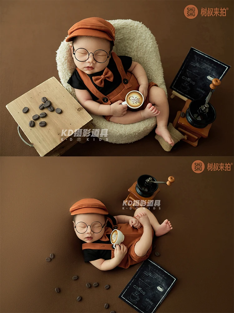 Whole Set Little Gentleman's Costume Baby Newborn Coffee Beans Props Mini Coffee Maker Baby Photo Accessories