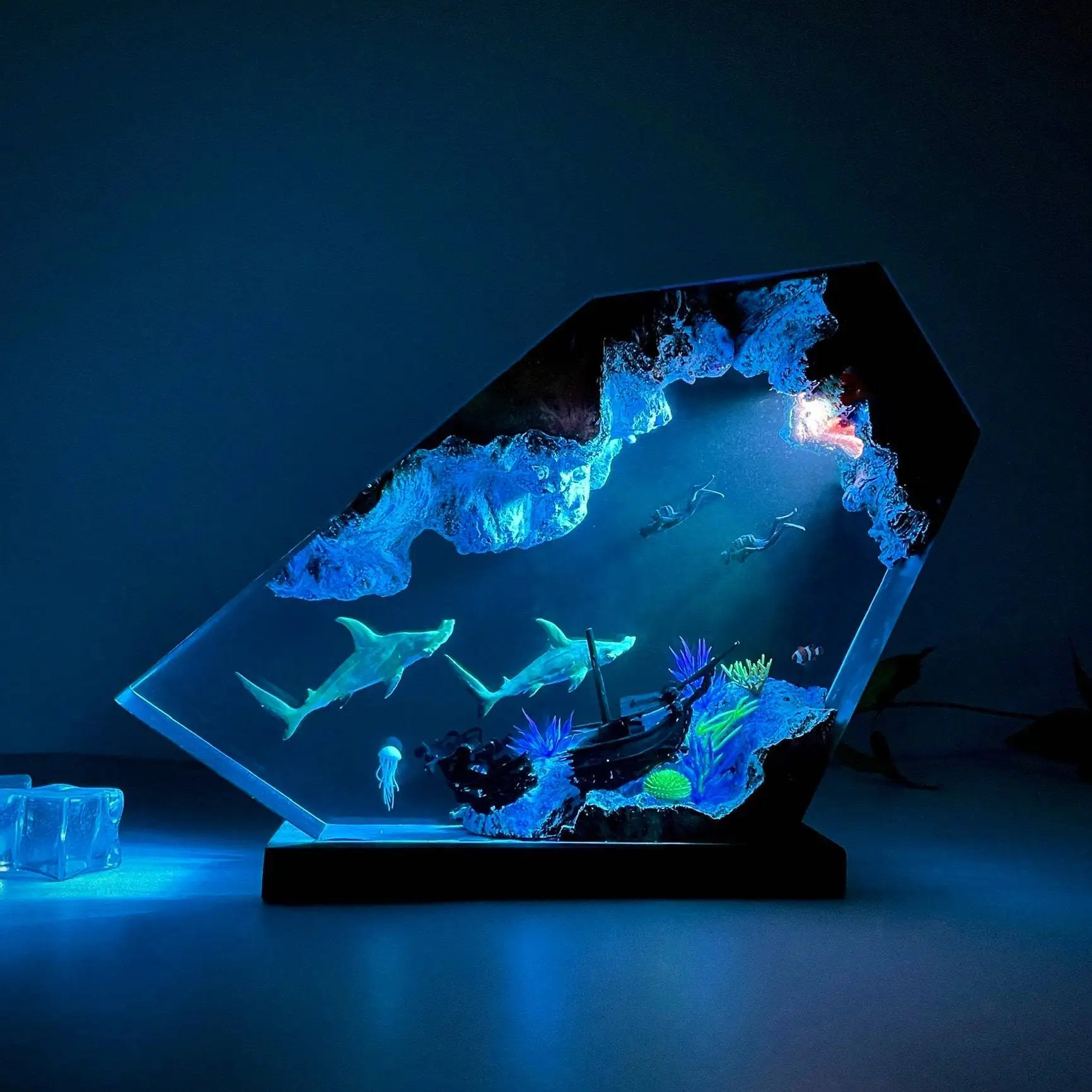 Creative Double Haired Shark Diver Epoxy Resin Wooden Lamp Home Decoration Lamp Special Birthday Gift