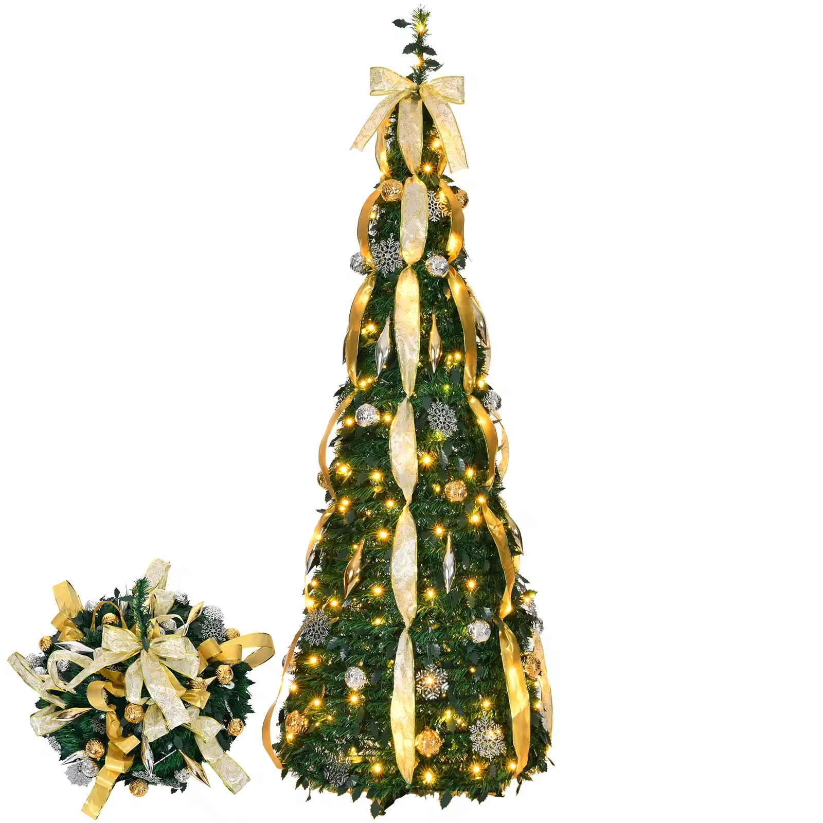 

1.2-2.1m Pre-installed Folding Christmas Tree With Light String Ornaments Convenient Retractable Foldable Christmas Tree
