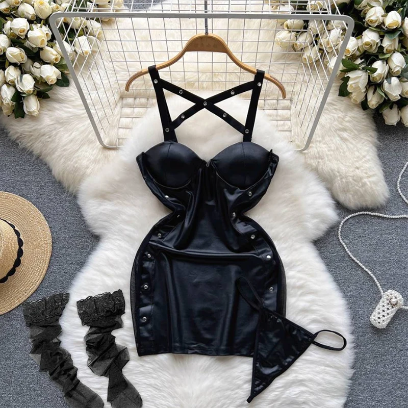 Vrouwen Halter Hals Backless Mini Jurk V-hals Contrast Kleur Kant Patchwork Holle Jurk Sexy Verpleegster Cosplay Uniform Sexy Lingerie