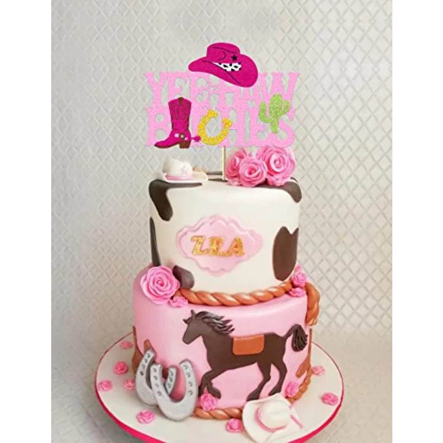 Yee Haw Cowgirl Cake Topper Western Decorations Glitter Pink Bachelorette Theme Cake Toppers Decorations for Girls Women Horse
