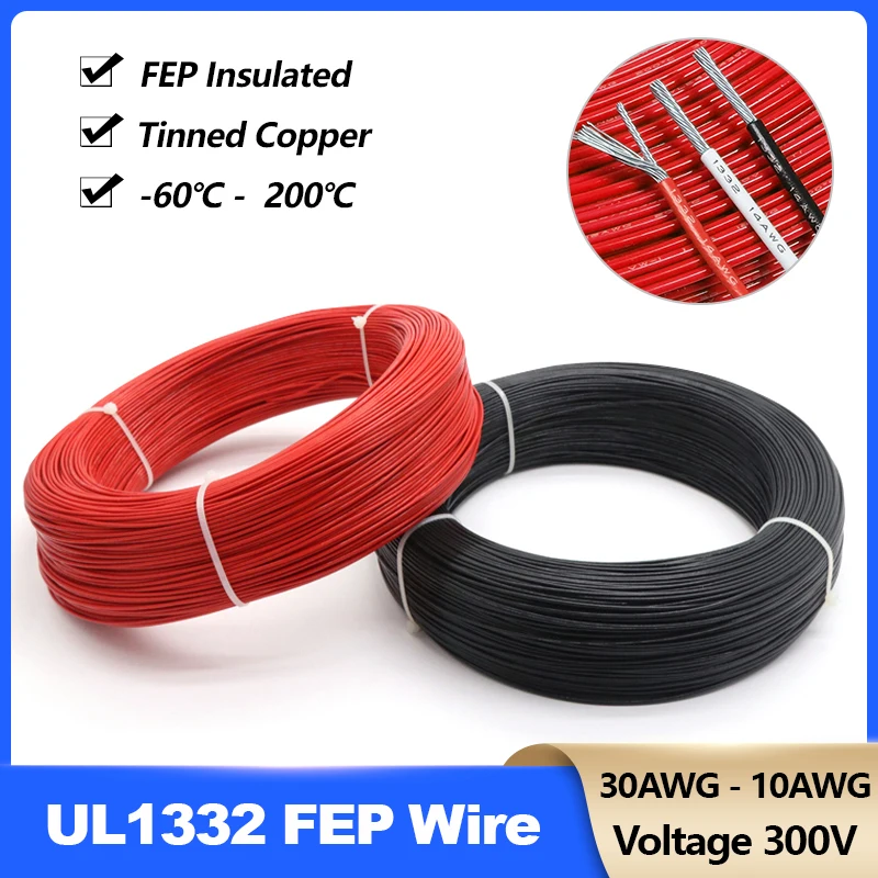 1~50m UL1332 High Temperature PTFE Wire 30AWG - 10AWG FEP Insulated Tinned Copper Electron Cable for 3D Printer Black/Red/White