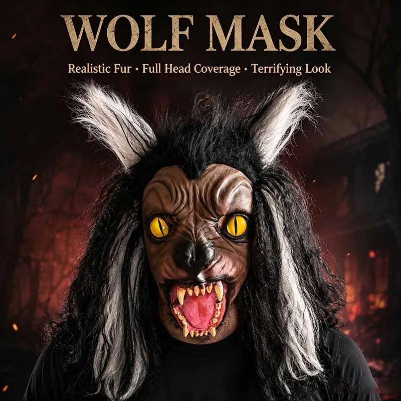 Image of Fierce Wild Werewolf Latex Vollkopfmaske mit simuliertem Haar, Monster-Gesichtsmaske, Halloween Cosplay, Spukhaus-Deko-Requisiten