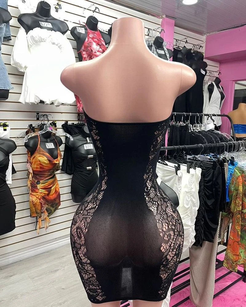 STILVOLLE DAME Diamanten Spitzenkleid 2025, Sommer-Frauen, trägerlos, rückenfrei, ausgeschnitten, figurbetont, sexy Club-Party, Mini-Kleider in Schwarz und Rot