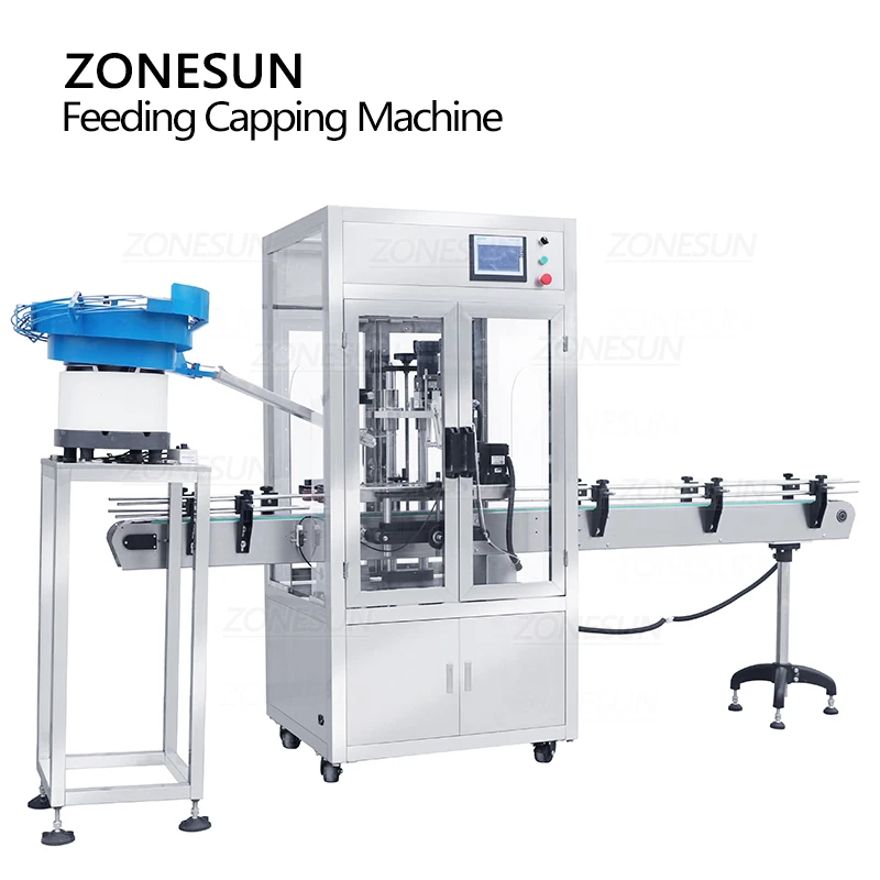 ZONESUN ZS-XG440DV Automatic Capping Machine Bottle Jar Screw Tops Feeder Unscrambler Dust Cover Mass Production Line Factory