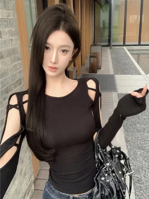

Black Slim Fit Long Sleeve T-Shirt Women's Sexy Spicy Girl Base Shirt Design Sensual Hollow out Trendy Top for Autumn Winter