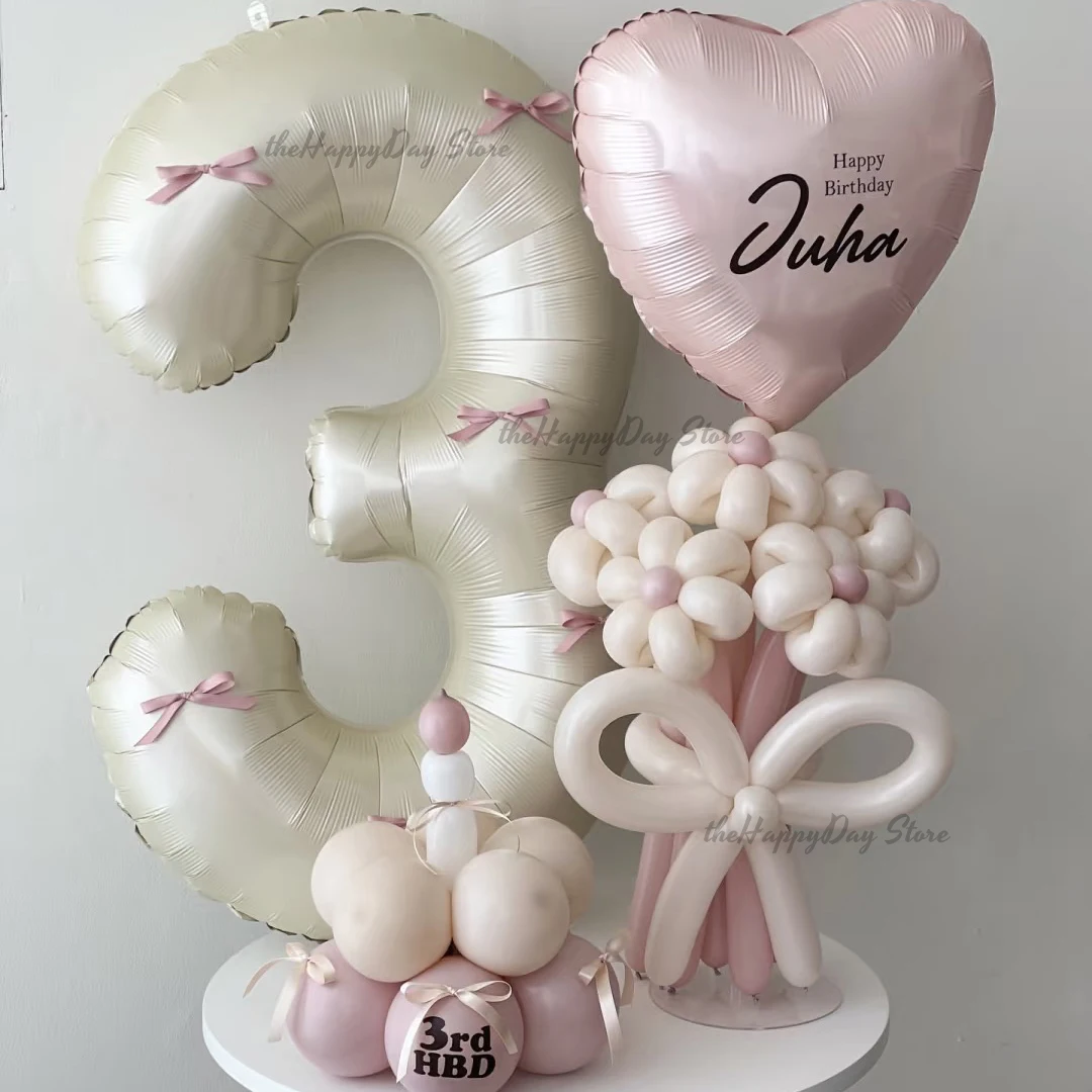 32 Zoll cremefarbene Zahlenballons, rosa Schleifen, Zahlen-Heliumfolienballons für Kinder, 1, 2, 3, 4, 5, 6, 7, 8, 9, Meilenstein, Geburtstagsfeier, Globos
