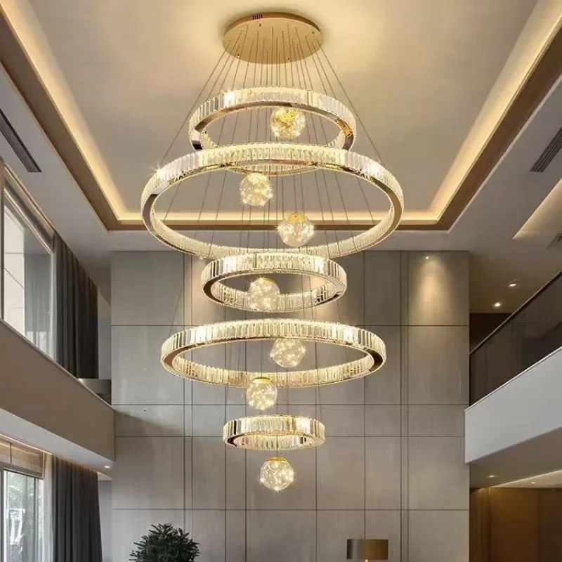 Villa duplex building chandelier, living room, empty stairs, light luxury crystal lamp