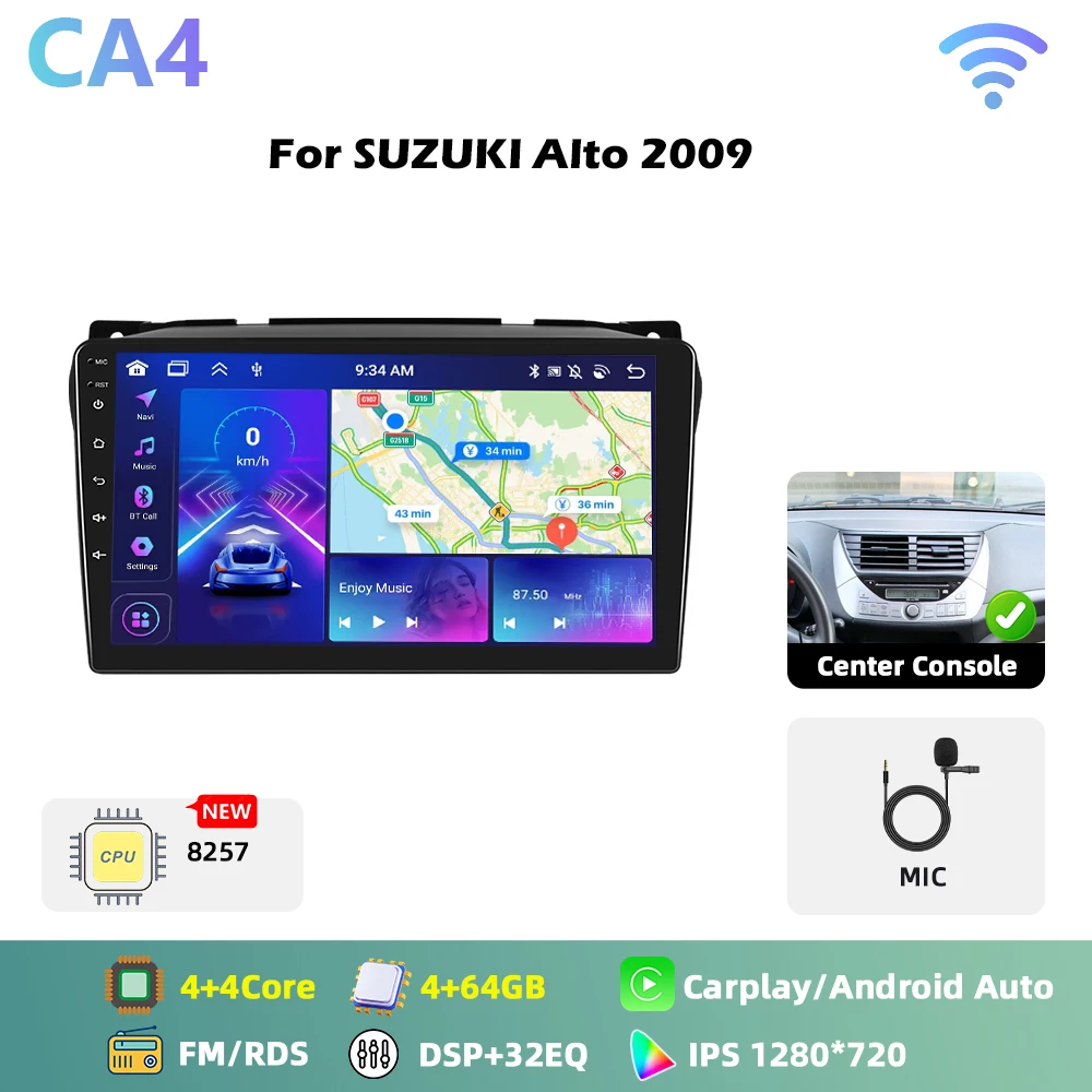 Podofo 8-core Qualcomm Snapdragon 460 Android autoradio voor SUZUKI Alto 2009 met Carplay, Android Auto, GPS, FM, WiFi, RDS, 2-din autoradio