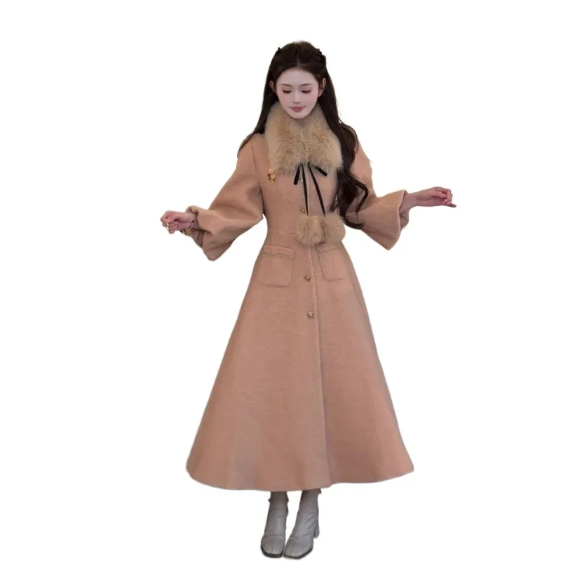 

[Snow Country Lovers] Qianjin Wind Long Waist Wool Coat Plush Scarf Fall Winter Simple Warm Woman Temperament Commuting Jackets