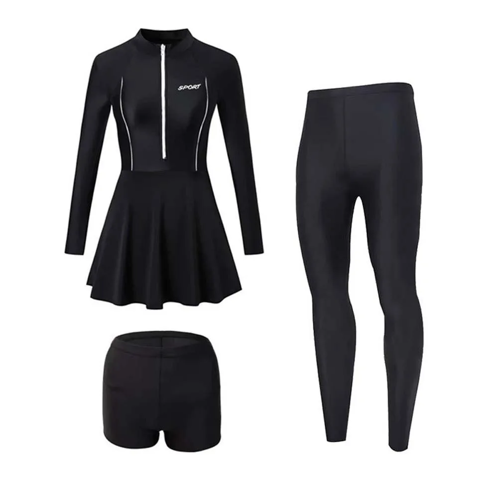 

3pcs Black Swimwear Skirt Set Long Sleeve Swimsuit Quick-Dry Sun Protection Beach Swim Dress Pants Safety Short Bikini Beachwear