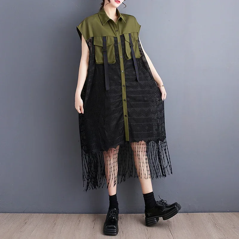 Korean Fashion Women's Military Style Patchwork Lace Dress One Piece Harajuku Style Unique Slimming Body Covering Summer Dress