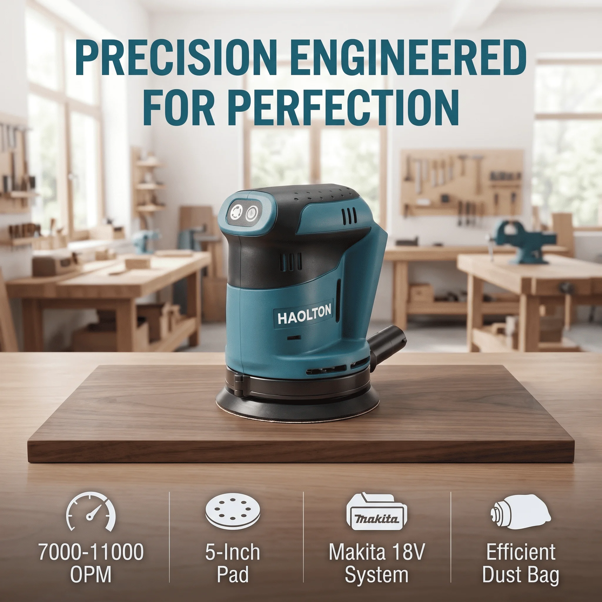 Haolton DBO180Z Makita 18V Brushless Cordless Orbital Sander 125mm with Dust Bag for Clear Coat and Varnish Surface Preparation