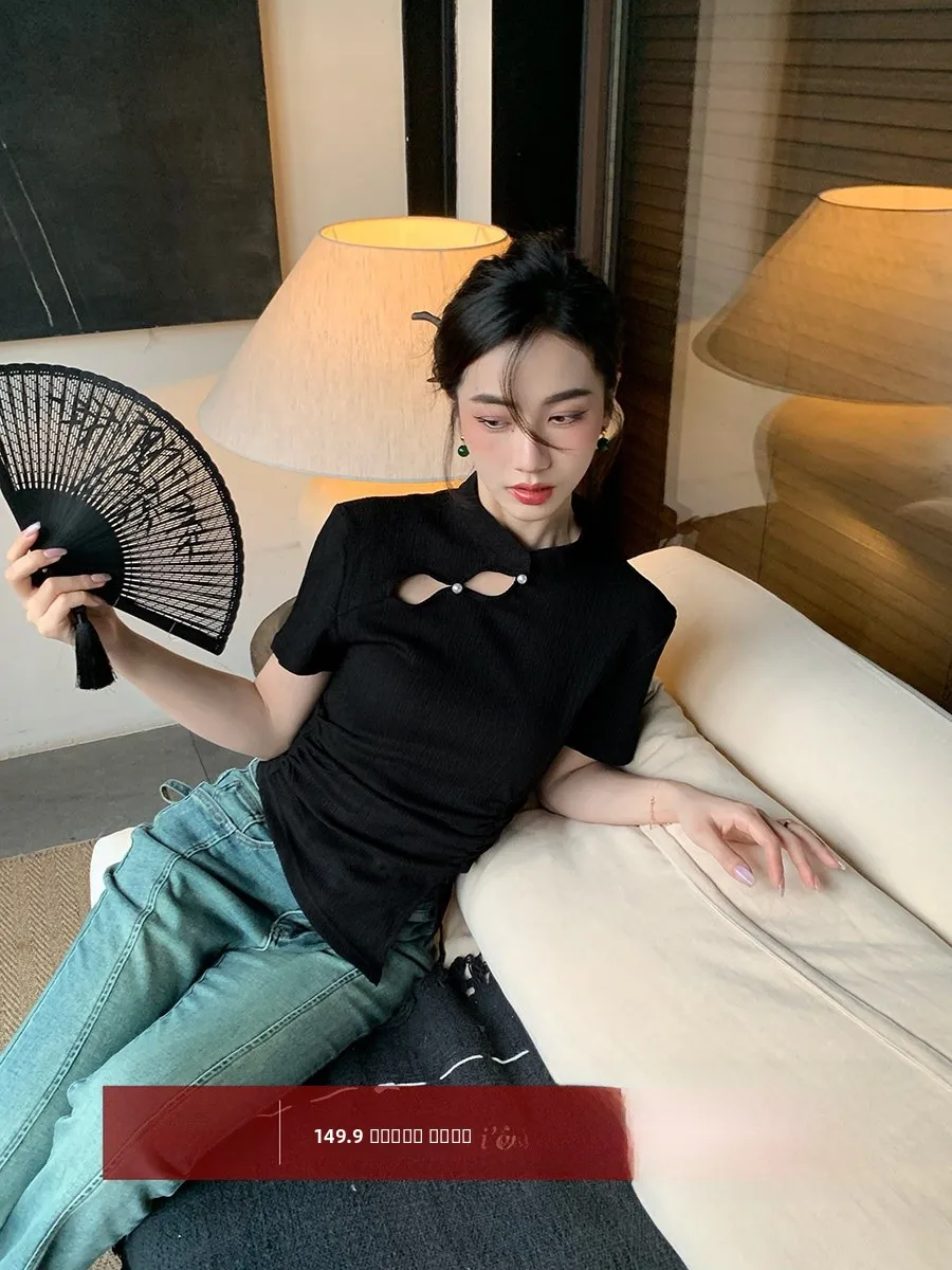 

Ele New Chinese Sle Knitted T-irt Women's Spring Summer Pearl Button oulder Top Small Stand Collar ort Sve