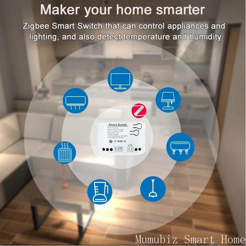 Mumubiz Zigbee 1-voudige slimme schakelaar met temperatuur-vochtigheidssensor, Tuya Smart Life APP, passief droog contactrelais Match Alexa