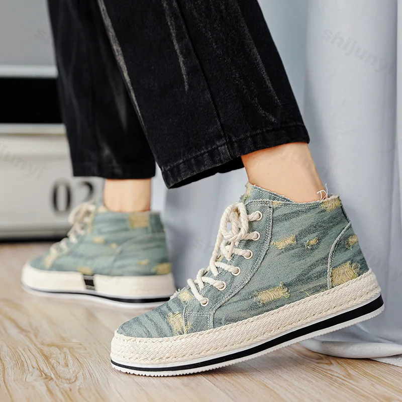 2025 Spring New High Top Men's Shoes Niche Design Casual Board Shoes Washed Color Fly Weave Sports Fashion Trend Chunky sneakers