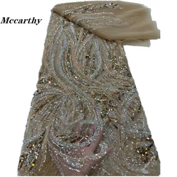 Mccarthy 2024 Gold High Quality African Lace Fabric Sequins Mesh Luxury Heavy bead Embroidered Tulle Fabric for Sewing Dresses