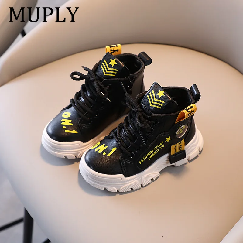 Child's Hightop Skateboarding Shoes Kid's Students Platform Walking Leather Boots Autumn Winter Booty