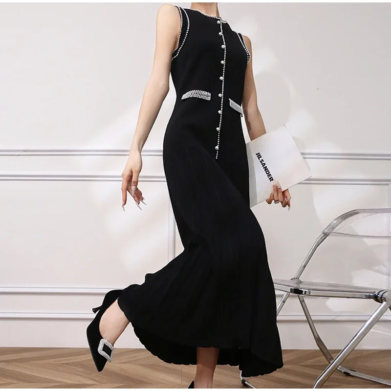 Holidays Knitted Sleeveless Women Dress Fashion O-neck Single Breasted Pleated Female Dresses 2024 Party Empire Lady Robe