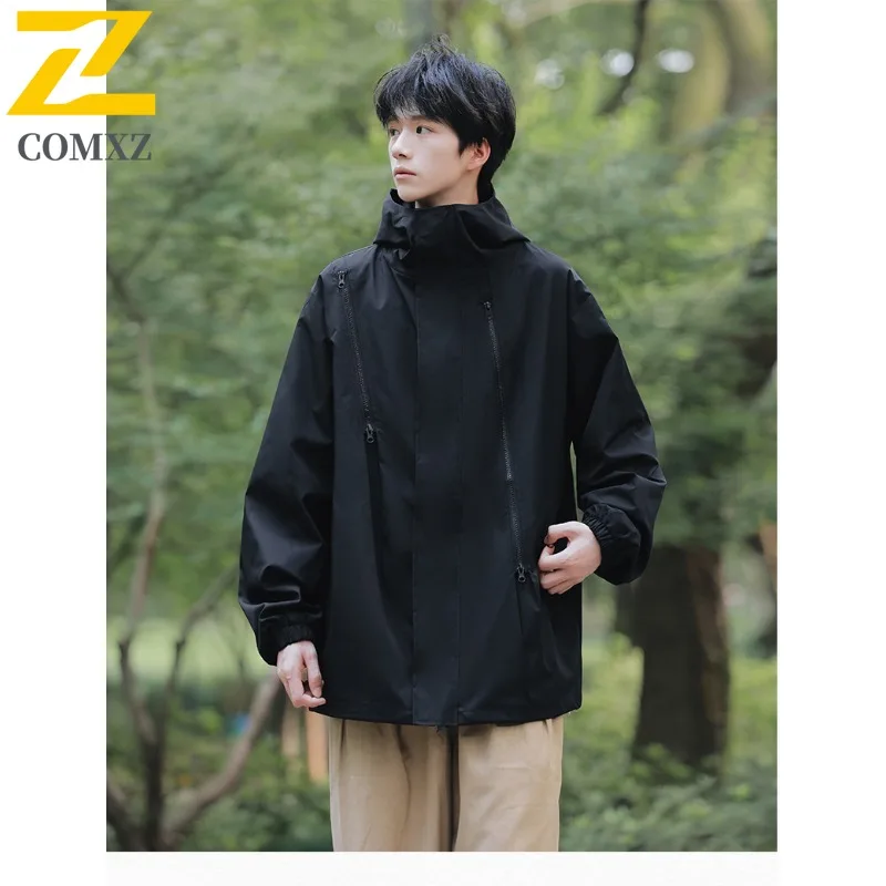 

COMXZ Vintage Men Jacket Fashion Hooded Outdoor Climbing Lightweight Coats Solid Color Design Hiking Windproof Autumn Clothes