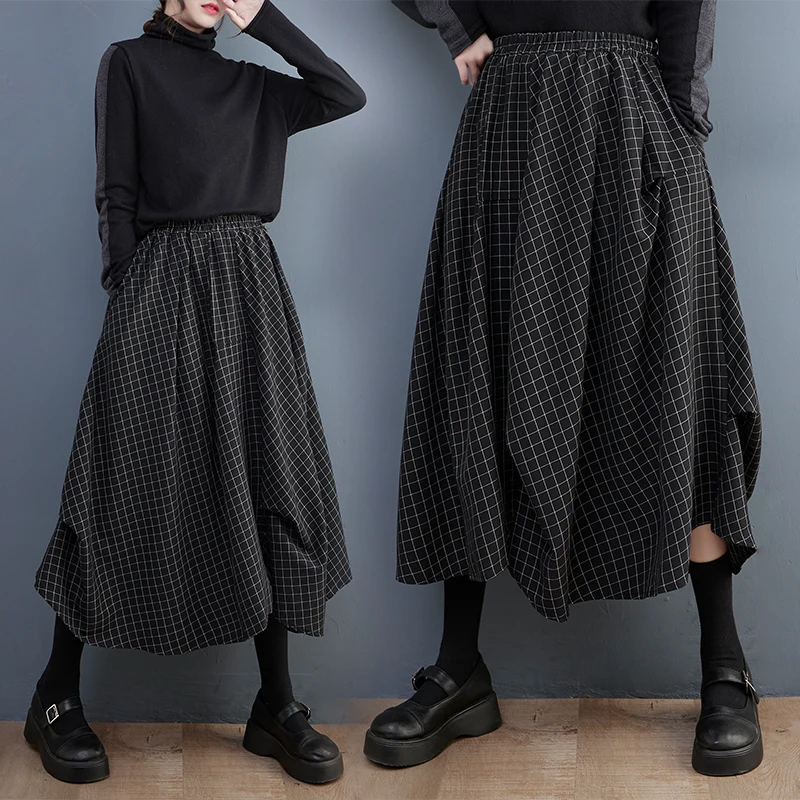 

Новая асимметричная хлопковая юбка в клетку с высокой талией, универсальная, модная, средней длины, для весны и лета
