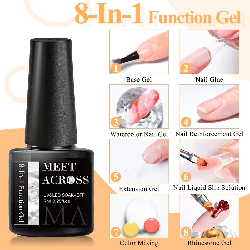 MEET ACROSS 7ml 8 In1 네일 젤 베이스 블루밍 익스텐션 강화 라인스톤 젤 & 네일 글루 슬립 솔루션 컬러 믹싱으로 사용