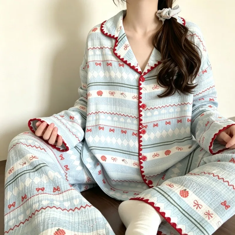 Women Pajama Set Spring Autumn Sweet Cute Print Pattern Lapel Collar Button Long Sleeve 2‑Piece Soft Ladies Sleepwear Loungewear