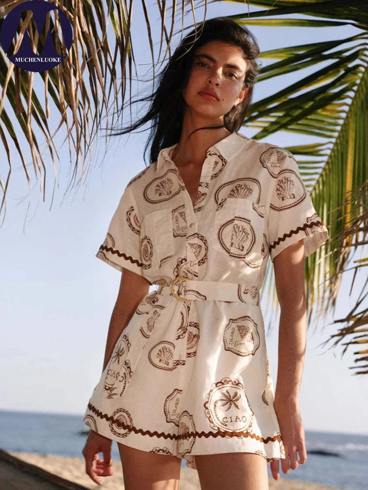 

Женский элегантный комбинезон с принтом, летний, новый, с рукавом три четверти, на шнуровке, модный, повседневный, свободного кроя