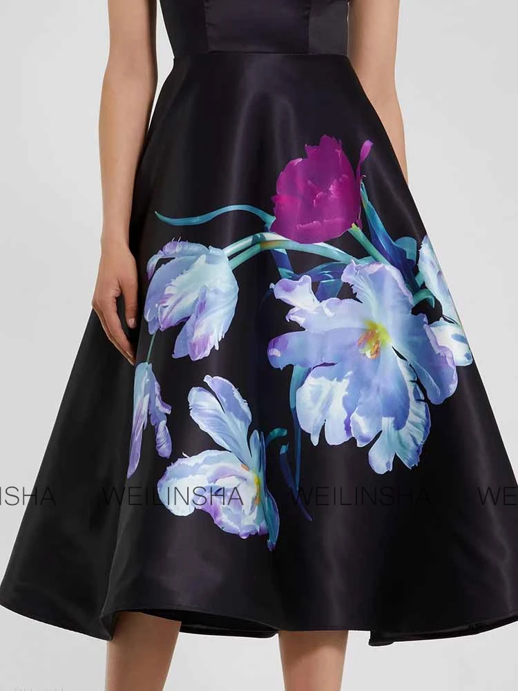 Elegant Wedding Guest Dresses Satin A-line Bridal Dress Black Boat Neck Pattern Zipper Ruched Mother of the Bride Dresses Midi